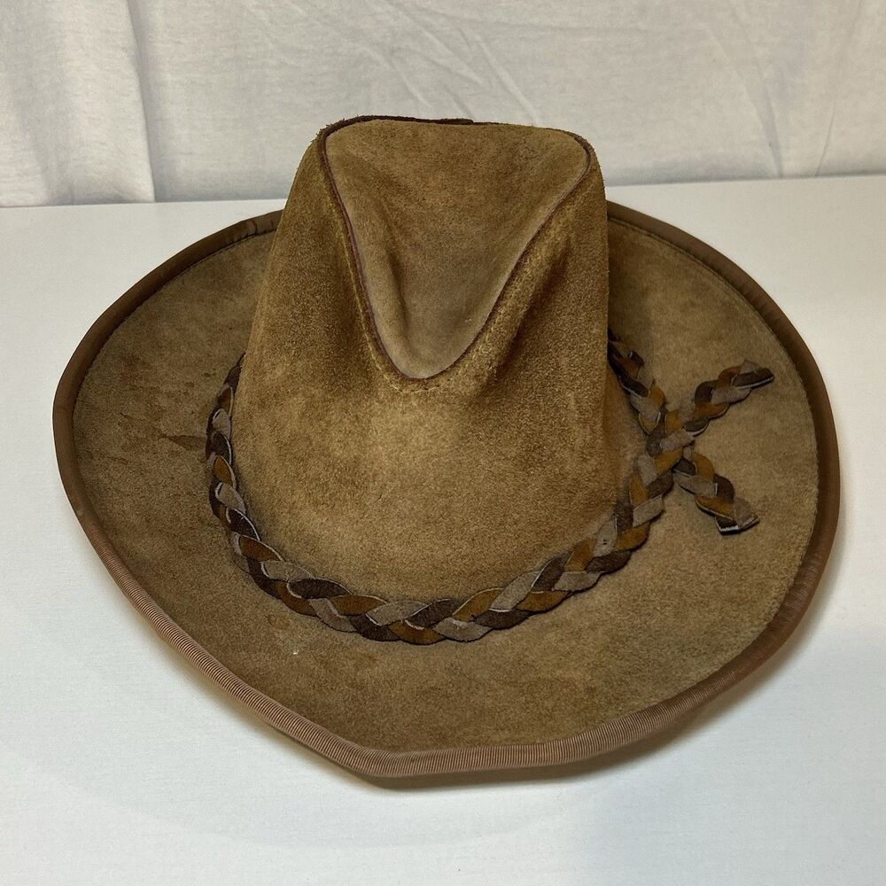 Vtg Henschel Skullys Braid Suede Hat LG Cowhide Leather Outback Bush USA Cowboy